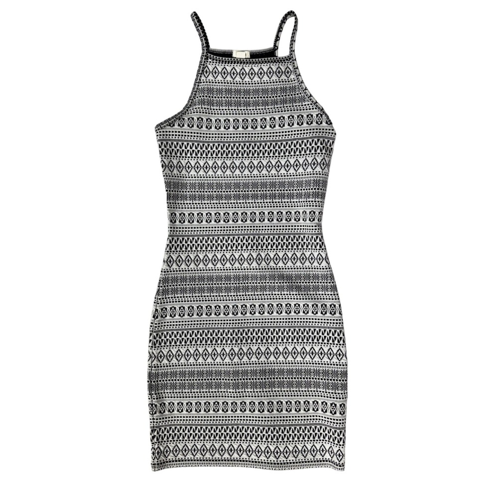 Garage Womens XS Black White Geometric Tribal Print High Neck Mini Bodycon Dress